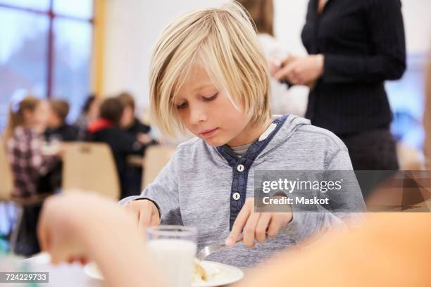 boy having lunch in school cafeteria - schulessen stock-fotos und bilder