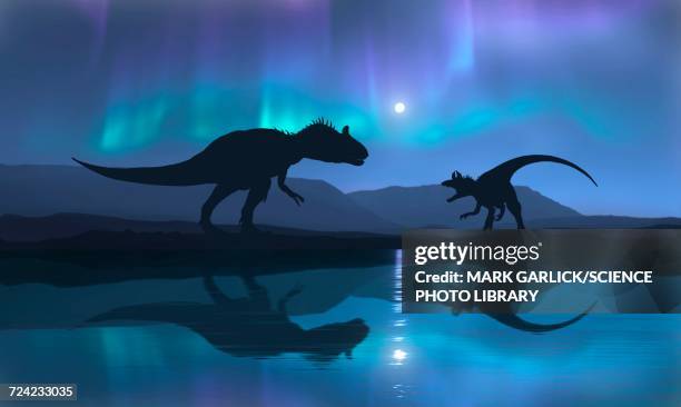 artwork of crylophosaurus and aurora - temperature stock illustrations