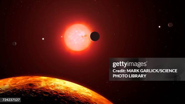 the view from trappist-1f - extrasolarer planet stock-grafiken, -clipart, -cartoons und -symbole