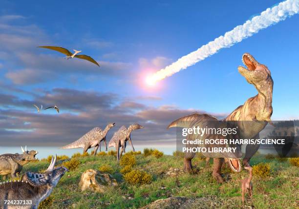 illustrazioni stock, clip art, cartoni animati e icone di tendenza di end of cretaceous kt event, illustration - dinosauri