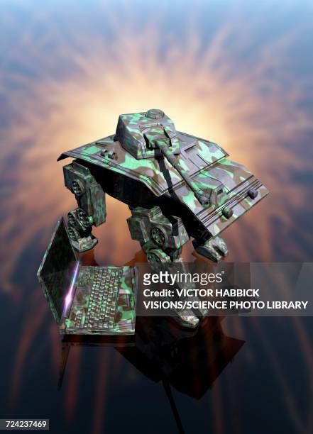 camouflage tank and laptop - cyber war stock illustrations