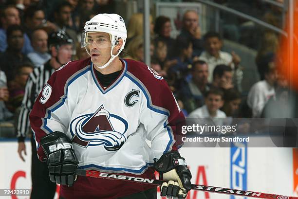 Joe Sakic of the Colorado Avalanche looks on against the Toronto Maple Leafs at Air Canada Centre on October 18, 2006 in Toronto, Ontario, Canada....