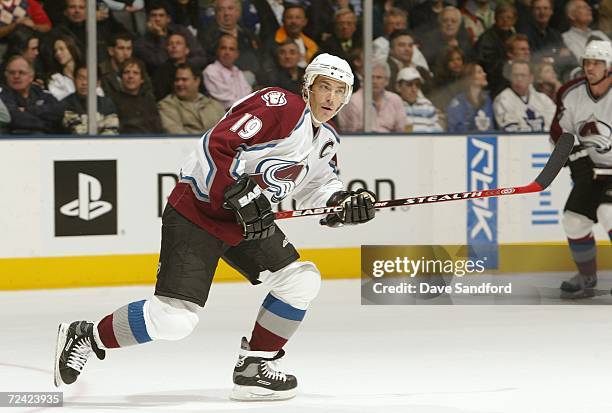 Joe Sakic of the Colorado Avalanche skates against the Toronto Maple Leafs at Air Canada Centre on October 18, 2006 in Toronto, Ontario, Canada. The...