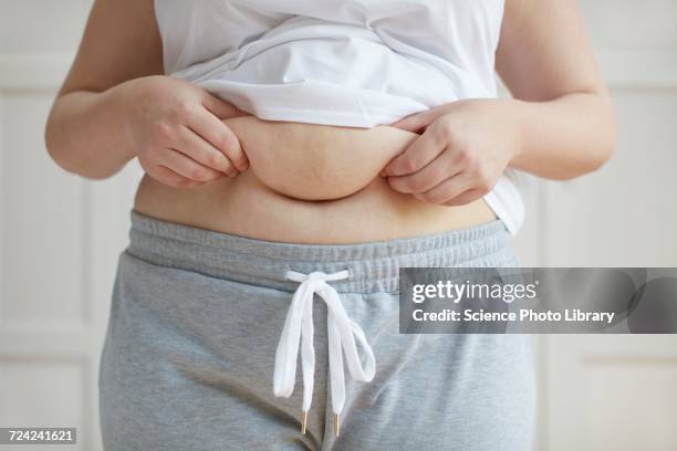 woman holding folds of skin on tummy - dicker bauch stock-fotos und bilder