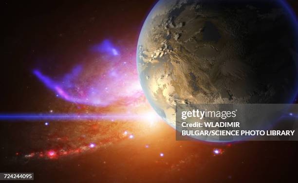exoplanet and galactic nebula - extrasolarer planet stock-grafiken, -clipart, -cartoons und -symbole