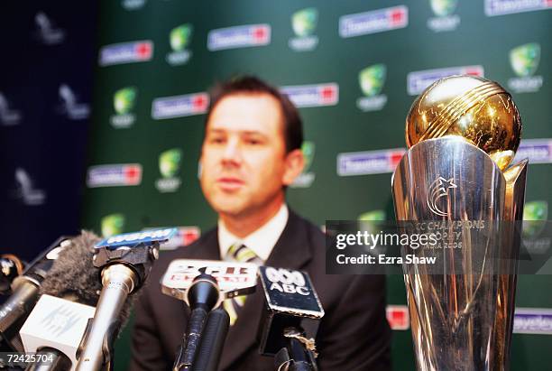 Ricky Ponting of Australia speaks at a press conference after the victorious Australian team arrived home at Sydney International Airport on November...