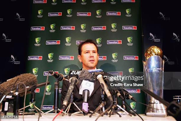 Ricky Ponting of Australia speaks at a press conference after the victorious Australian team arrived home at Sydney International Airport on November...