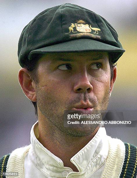 London, UNITED KINGDOM: TO GO WITH Cricket-Ashes-AUS,PREVIEW This file photo dated 11 September, 2005 shows Australian captain Ricky Ponting looking...
