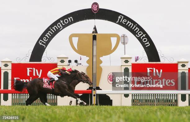 Yasunari Iwata riding Delta Blues narrowly beats Damien Oliver riding Pop Rock to win the Emirates Melbourne Cup during The Melbourne Cup Carnival...