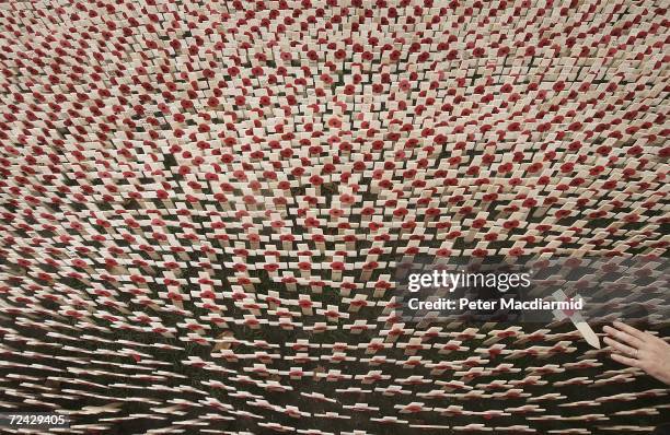 In this photo illustration a volunteer places a wooden cross in a field of remembrance for war dead at Westminster Abbey on November 7, 2006 in...