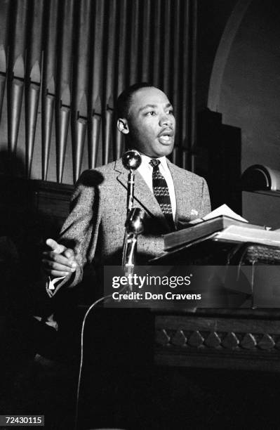 Civil rights leader Martin Luther King Jr. Speaking at a rally during the bus boycott.