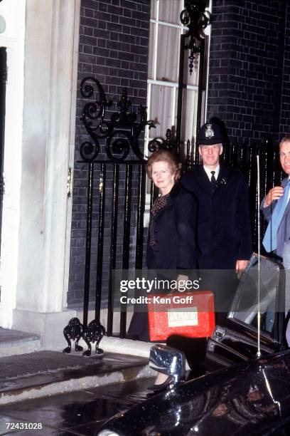 British PM Margaret Thatcher arriving with Falklands case at Downing St. 10.