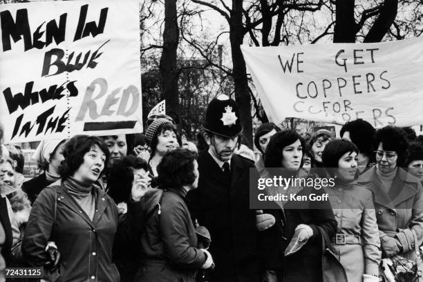Policemen's wives assembling at Hyde Park for a march to the Houses of Parliament to lobby MP's for better pay for their husbands.