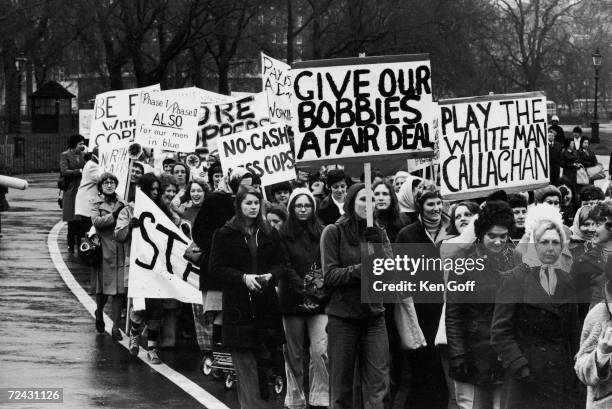 Policemen's wives assembling at Hyde Park for a march to the Houses of Parliament to lobby MP's for better pay for their husbands.