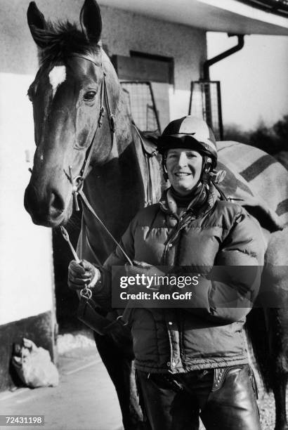 Jockey Joy Carrier, rider in the Grand National Horse Race, with her horse King Spruce.