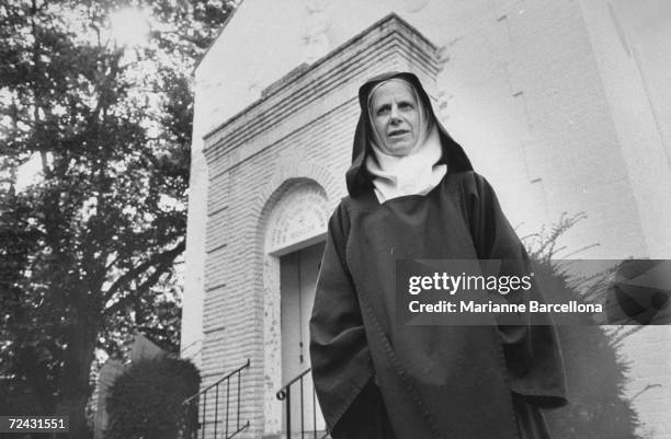 Sister Elaine, Carmelite nun & spokeswoman for her convent, speaking to press after 4 nuns rebelled against "liberal" Mother Theresa Hewitt who...