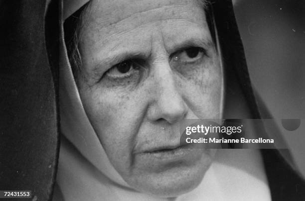 Sister Elaine, Carmelite nun & spokeswoman for her convent, speaking to press after 4 nuns rebelled against "liberal" Mother Theresa Hewitt who...