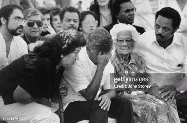 Ceasar Chavez's during fast on behalf of the UFW during boycott of the grape growers, with wife Helena , his mother Juana and Rev. Jesse Jackson .