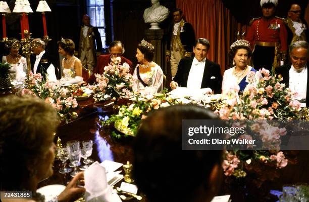 Alexander Haig, Queen Elizabeth II, Ronald Reagan, Princess Margaret, during dinner at Windsor Castle.