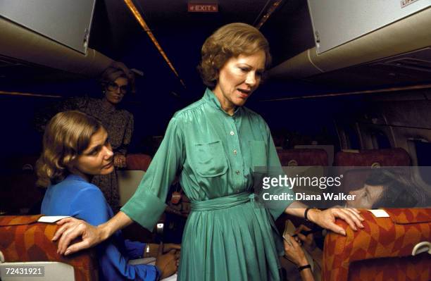 First Lady Rosalynn Carter on board plane during campaign trip for reelection of her husband.