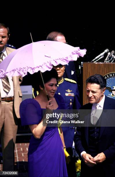 Secretary of Defense Caspar Weinberger with Imelda Marcos during a visit at the Pentagon.