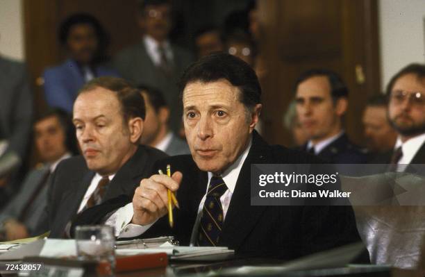 Secretary of Defense Caspar Weinberger testifying before Senate Appropriations Defense Subcommitte on defense budget.