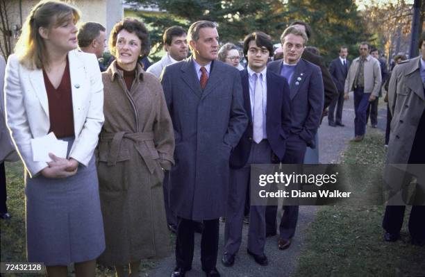 Vice President Walter Mondale standing with family outside polls to vote in Afton: daughter Eleanor, wife Joan, Walter, & sons William & Theodore.