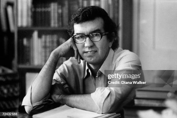 Portrait of American author Larry McMurtry as he sits in his bookstore, Booked Up, Georgetown, Washington DC, October 1978.