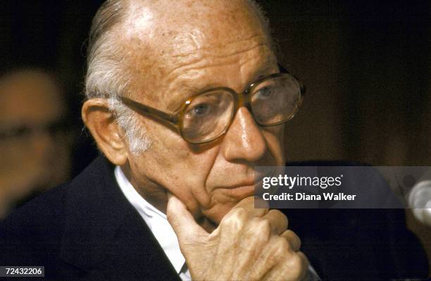 Senator Jacob Javitz at Senate Foreign Relations Committee during confirmation of Ed Muskie's appointment as Sec. Of State.