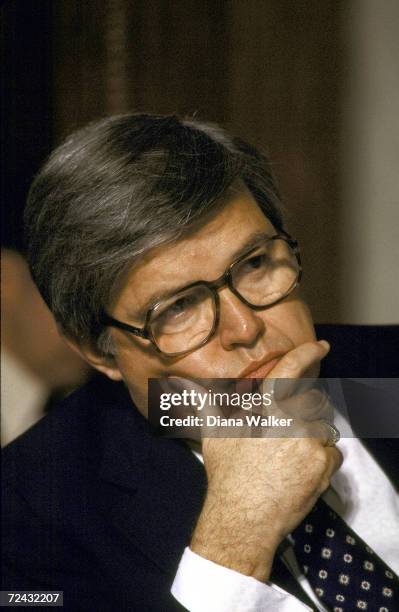 Senator Frank Church at Senate Foreign Relations Committee during confirmation of Ed Muskie's appointment as Sec. Of State.