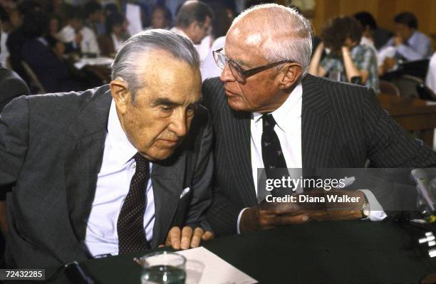 Ex-Statesman Averell Harriman and Ex-Ambassador to the USSR Thomas Watson testifying before Senate Foreign Relations Committee hearing re: Soviet...