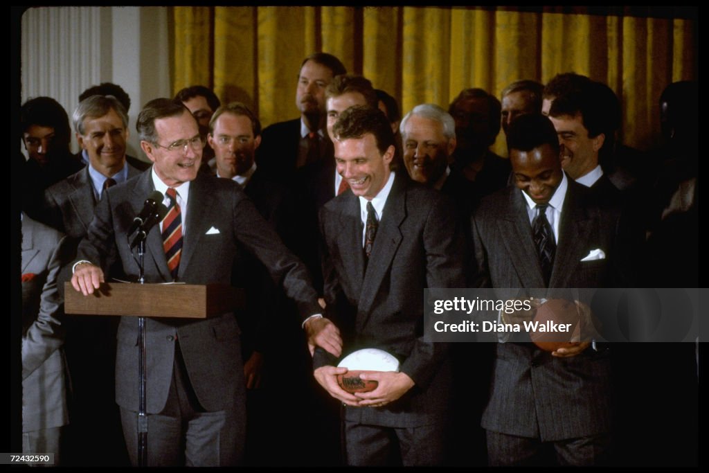 Pres George Bush at WH feting Superbowl champs SF Forty N