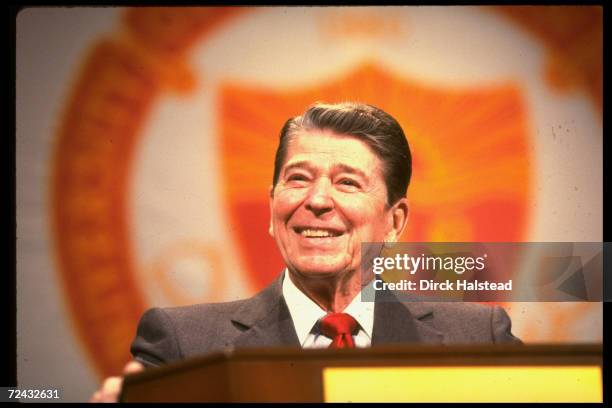 President Ronald Reagan speaking on 78th birthday during which University of Calif. Students presented him with a cake.
