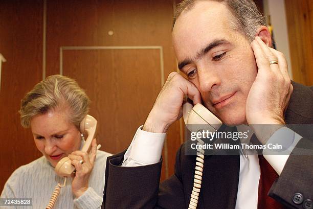 Democratic Senate candidate Bob Casey makes phone calls with the help of Kate Hoban urging people to vote at his phone bank at the IBEW Hall on...