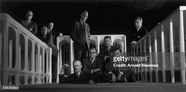 Group portrait of the Lincoln Center Architects Group, American architect Edward J Mathews , American architect Philip Johnson , French-born theater...