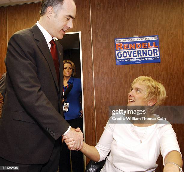 Democratic Senate candidate Bob Casey greets a campaign worker at his phone bank at the IBEW Hall on Election Day November 7, 2006 in Scranton,...