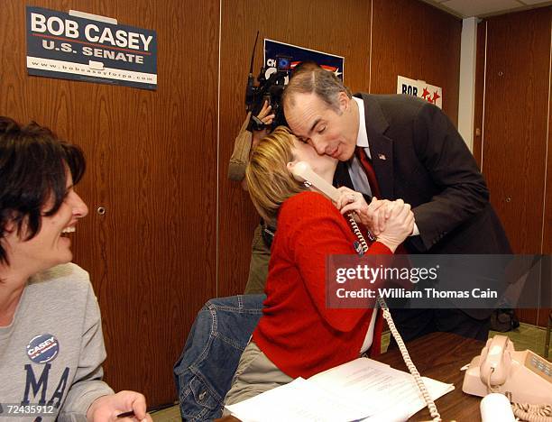 Democratic Senate candidate Bob Casey greets a campaign worker at his phone bank at the IBEW Hall on Election Day November 7, 2006 in Scranton,...