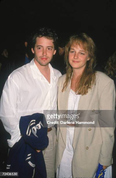 American stage, screen, and television actors Matthew Broderick and Helen Hunt pose for a photograph at the Cirque du Soleil circus performance,...