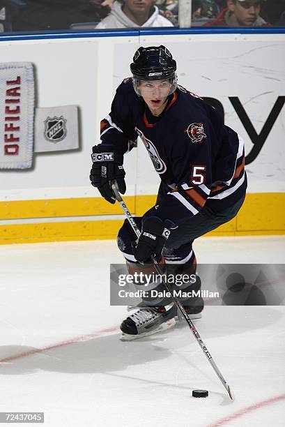 Ladislav Smid of the Edmonton Oilers skates against the Dallas Stars during their game at Rexall Place on November 3, 2006 in Edmonton, Alberta,...