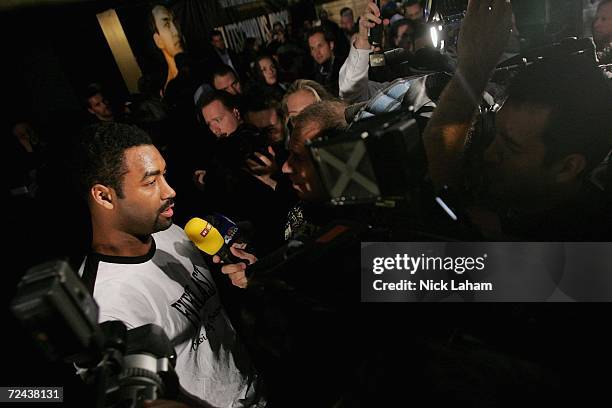 Calvin Brock speaks to the media during a training session on November 7, 2006 at Grand Central Station in New York City. Wladimir Klitschko will...