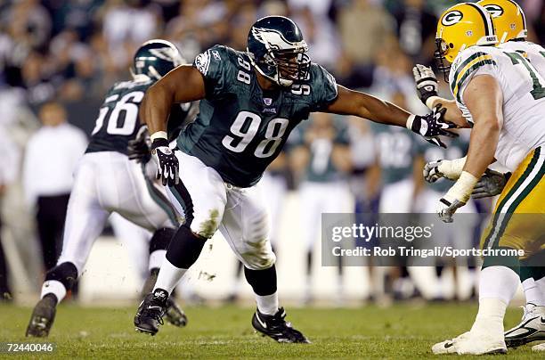 Defensive End Mike Patterson of the Philadelphia Eagles rushes the passer against the Green Bay Packers on October 2, 2006 at Lincoln Financial Field...