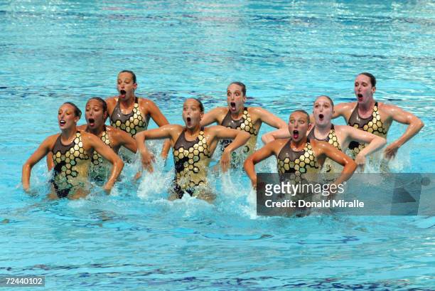 Canada performs their routine during the Synchronized Swimming Team Event, Technical Routine at the Aquatics Center on August 13, 2003 at the XIV Pan...