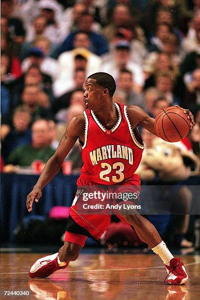 Steve Francis of the Maryland Terrapins dribbles the ball during a game against the Kentucky Wildcats at the Rupp Arena in Lexington, Kentucky. The...