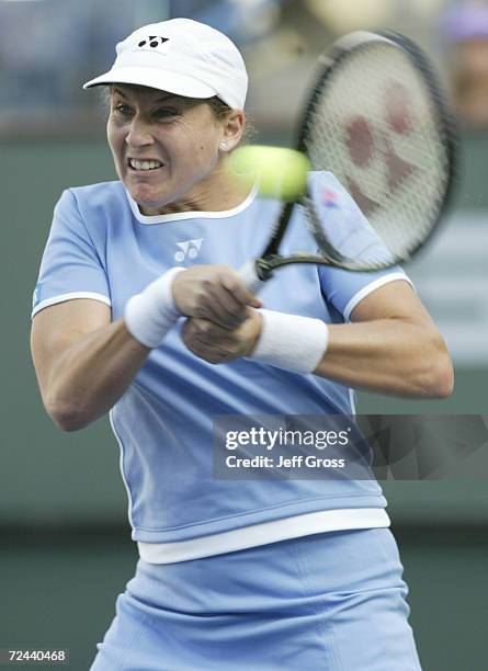 Monica Seles hits a forehand to Martina Sucha of Slovakia during the Pacific Life Open at the Indian Wells Tennis Garden in Indian Wells, California....