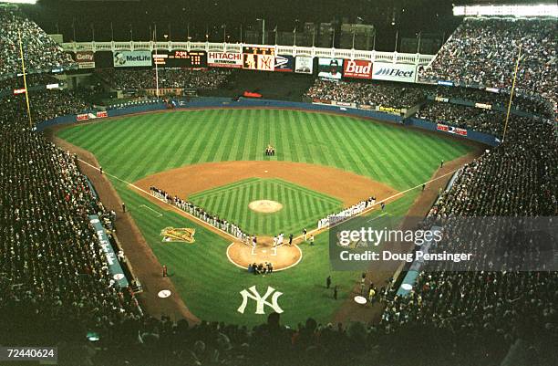 General view of Yankee Stadium during team introductions prior to the start of Game 1 of the World Series in Bronx, New York. The Braves won the game...