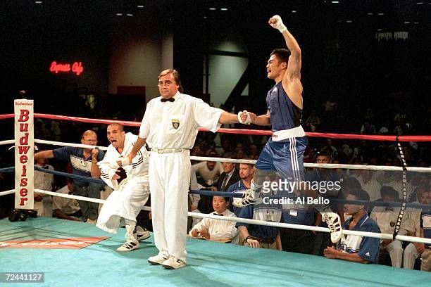 Brian Viloria of the USA celebrates his victory over Maikro Romero of Cuba during the World Boxing Championships at the George Brown Convention...