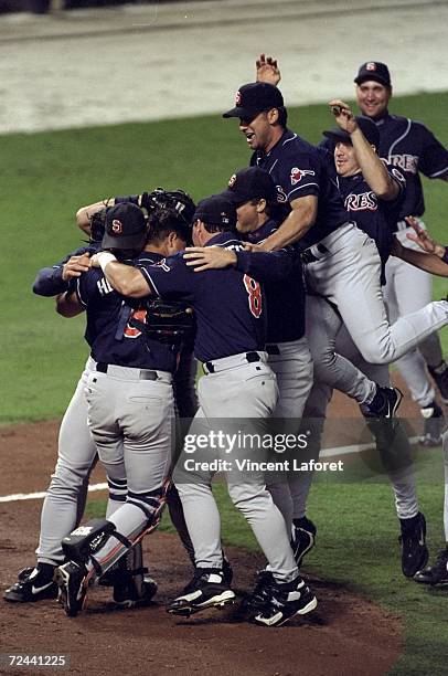 General view as members of the San Diego Padres celebrate winning the pennant following the National League Championship Series game against the...