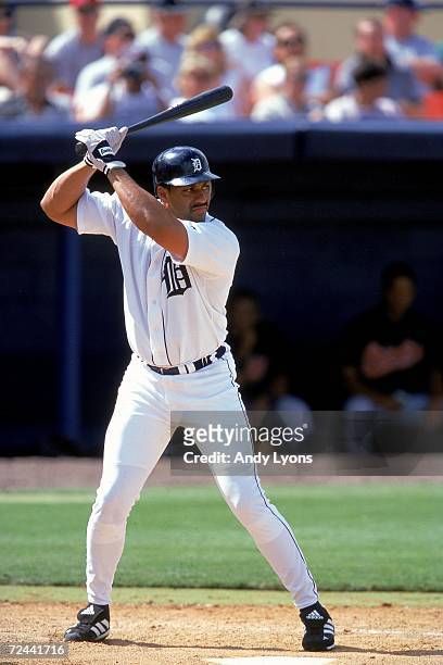 Juan Gonzalez of the Detroit Tigers stands ready at bat during the Spring Training Game against the Baltimore Orioles at the Marchant Stadium in...