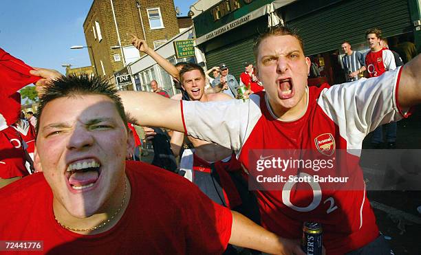 Arsenal fans in the streets outside of the stadium after the FA Barclaycard Premiership match between Arsenal and Leicester City at Highbury on May...