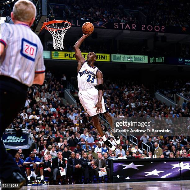 Michael Jordan of the Washington Wizards goes for a dunk during the 2002 NBA All Star Game at the First Union Center in Philadelphia, Pennsylvania....